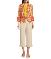Multiples Onionskin Melon Print Shawl Neck 3/4 Flounce Sleeve Open-Front Jacket