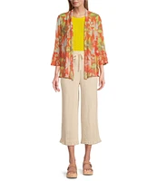 Multiples Onionskin Melon Print Shawl Neck 3/4 Flounce Sleeve Open-Front Jacket