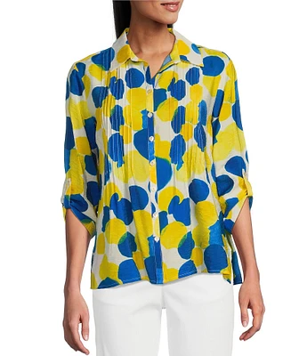 Multiples Petite Size Crinkle Woven Printed Point Collar 3/4 Cinched Tab Cuff Button Front Shirt