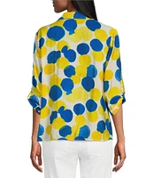 Multiples Petite Size Crinkle Woven Printed Point Collar 3/4 Cinched Tab Cuff Button Front Shirt