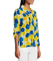 Multiples Petite Size Crinkle Woven Printed Point Collar 3/4 Cinched Tab Cuff Button Front Shirt