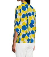 Multiples Petite Size Crinkle Woven Printed Point Collar 3/4 Cinched Tab Cuff Button Front Shirt