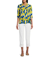 Multiples Petite Size Crinkle Woven Printed Point Collar 3/4 Cinched Tab Cuff Button Front Shirt