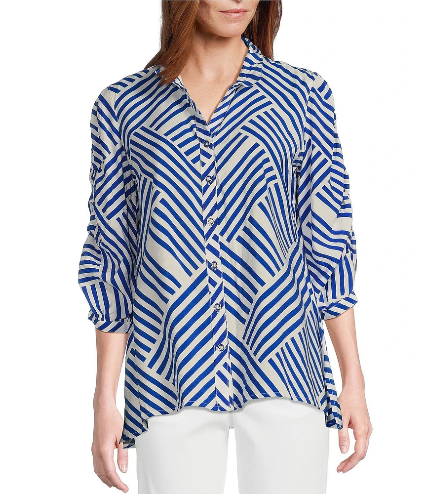 Multiples Petite Size Crinkle Woven Printed Wire Collar 3/4 Sleeve Button-Front Shirt