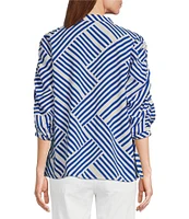 Multiples Petite Size Crinkle Woven Printed Wire Collar 3/4 Sleeve Button-Front Shirt