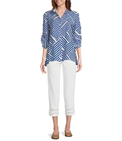 Multiples Petite Size Crinkle Woven Printed Wire Collar 3/4 Sleeve Button-Front Shirt