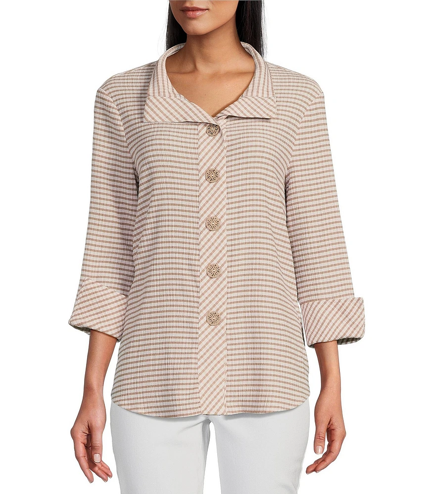 Multiples Petite Size Crinkle Woven Printed Wire Neck 3/4 Turn-Up Sleeve Button-Front Shirt