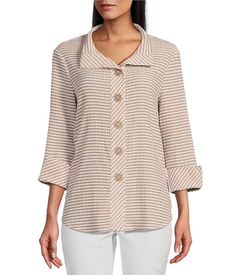 Multiples Petite Size Crinkle Woven Printed Wire Neck 3/4 Turn-Up Sleeve Button-Front Shirt