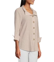 Multiples Petite Size Crinkle Woven Printed Wire Neck 3/4 Turn-Up Sleeve Button-Front Shirt