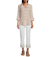 Multiples Petite Size Crinkle Woven Printed Wire Neck 3/4 Turn-Up Sleeve Button-Front Shirt