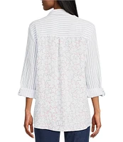 Multiples Petite Size Crinkle Woven Stars And Stripe Point Collar Long Roll-Tab Sleeve Hi-Low Hem Button Front Shirt