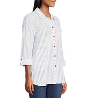 Multiples Petite Size Crinkle Woven Stars And Stripe Point Collar Long Roll-Tab Sleeve Hi-Low Hem Button Front Shirt