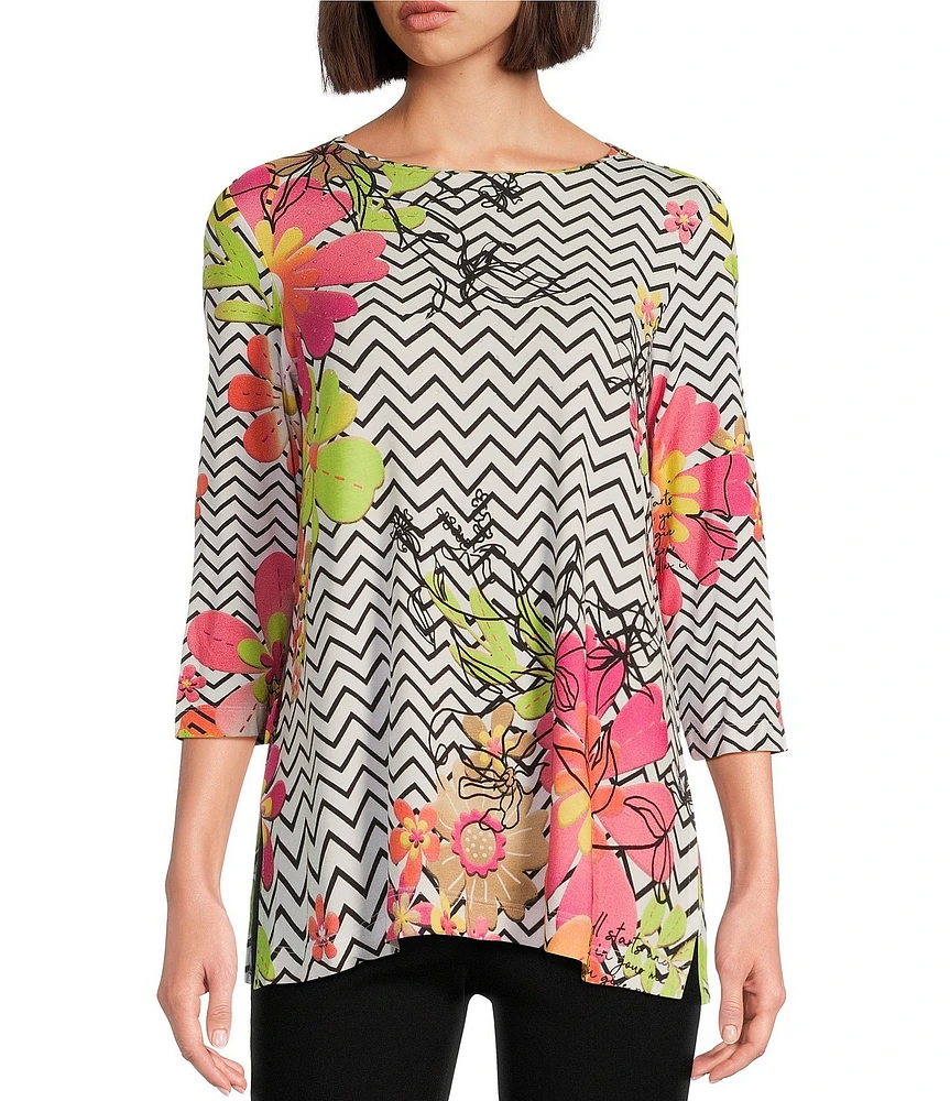 Multiples Petite Size Embellished Placement Print Scoop Neck 3/4 Sleeve Fitted Knit Top