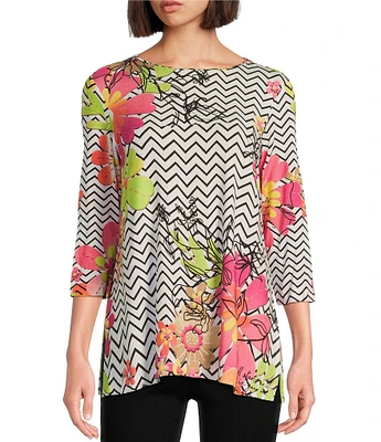 Multiples Petite Size Embellished Placement Print Scoop Neck 3/4 Sleeve Fitted Knit Top