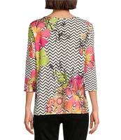 Multiples Petite Size Embellished Placement Print Scoop Neck 3/4 Sleeve Fitted Knit Top