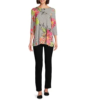 Multiples Petite Size Embellished Placement Print Scoop Neck 3/4 Sleeve Fitted Knit Top