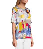 Multiples Petite Size Embellished Printed Scoop Neck 3/4 Sleeve Fitted Knit Top