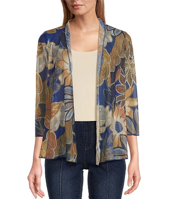 Multiples Petite Size Floral Print Onionskin 3/4 Sleeve Open-Front Jacket