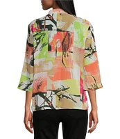 Multiples Petite Size Georgette Printed Folded Band Collar 3/4 Sleeve Open Front Jacket