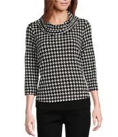 Multiples Petite Size Jacquard Knit Houndstooth Solid Hem Cowl Neck 3/4 Sleeve Double Layered Hem Top