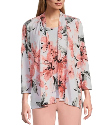 Multiples Petite Size Knit Floral 3/4 Sleeve Open-Front Matching Tank Top