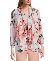 Multiples Petite Size Knit Floral 3/4 Sleeve Open-Front Matching Tank Top