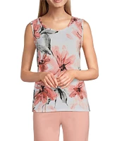 Multiples Petite Size Knit Floral 3/4 Sleeve Open-Front Matching Tank Top