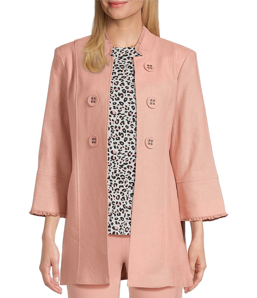 Multiples Petite Size Linen-Blend Stand Collar 3/4 Flounce Sleeve Open-Front Jacket
