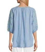 Multiples Petite Size Lyocell Embroidered Elbow Raglan Sleeve Notch Neck Band Collar Hi-Low Hem Top