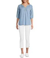Multiples Petite Size Lyocell Embroidered Elbow Raglan Sleeve Notch Neck Band Collar Hi-Low Hem Top
