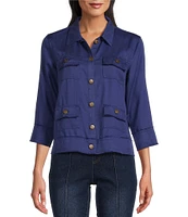 Multiples Petite Size Lyocell Twill Point Collar 3/4 Sleeve Fringe Trim Button-Front Jean Jacket