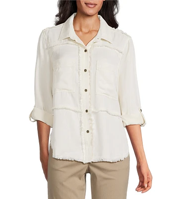 Multiples Petite Size Lyocell Twill Point Collar Long Roll-Tab Sleeve Button-Front Fringed Shirt
