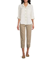 Multiples Petite Size Lyocell Twill Point Collar Long Roll-Tab Sleeve Button-Front Fringed Shirt
