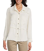 Multiples Petite Size Lyocell Twill Point Collar Long Roll-Tab Sleeve Button-Front Fringed Shirt