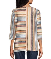 Multiples Petite Size Multi Panel Stripe Print Slub Knit Scoop 3/4 Sleeve Side Decorative Hem Detail Top