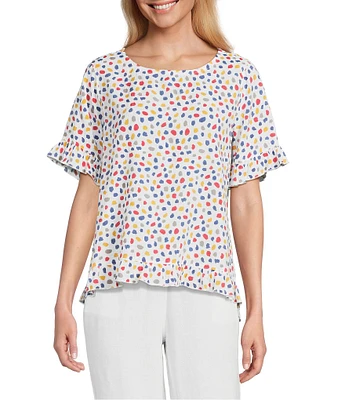 Multiples Petite Size Printed Slub Crinkle Scoop Neck 3/4 Sleeve Hi-Low Hem Ruffle Top