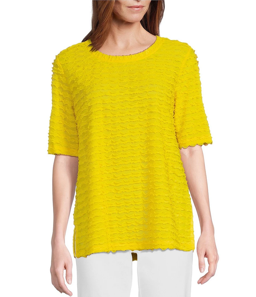Multiples Petite Size Scoop Neck Elbow Sleeve Wave Knit Fitted Top
