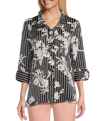 Multiples Petite Size Shimmer Woven Floral Wire Collar 3/4 Turn-Up Cuff Sleeve Button-Front Shirt