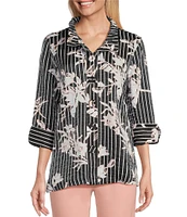 Multiples Petite Size Shimmer Woven Floral Wire Collar 3/4 Turn-Up Cuff Sleeve Button-Front Shirt