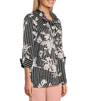 Multiples Petite Size Shimmer Woven Floral Wire Collar 3/4 Turn-Up Cuff Sleeve Button-Front Shirt