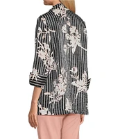 Multiples Petite Size Shimmer Woven Floral Wire Collar 3/4 Turn-Up Cuff Sleeve Button-Front Shirt