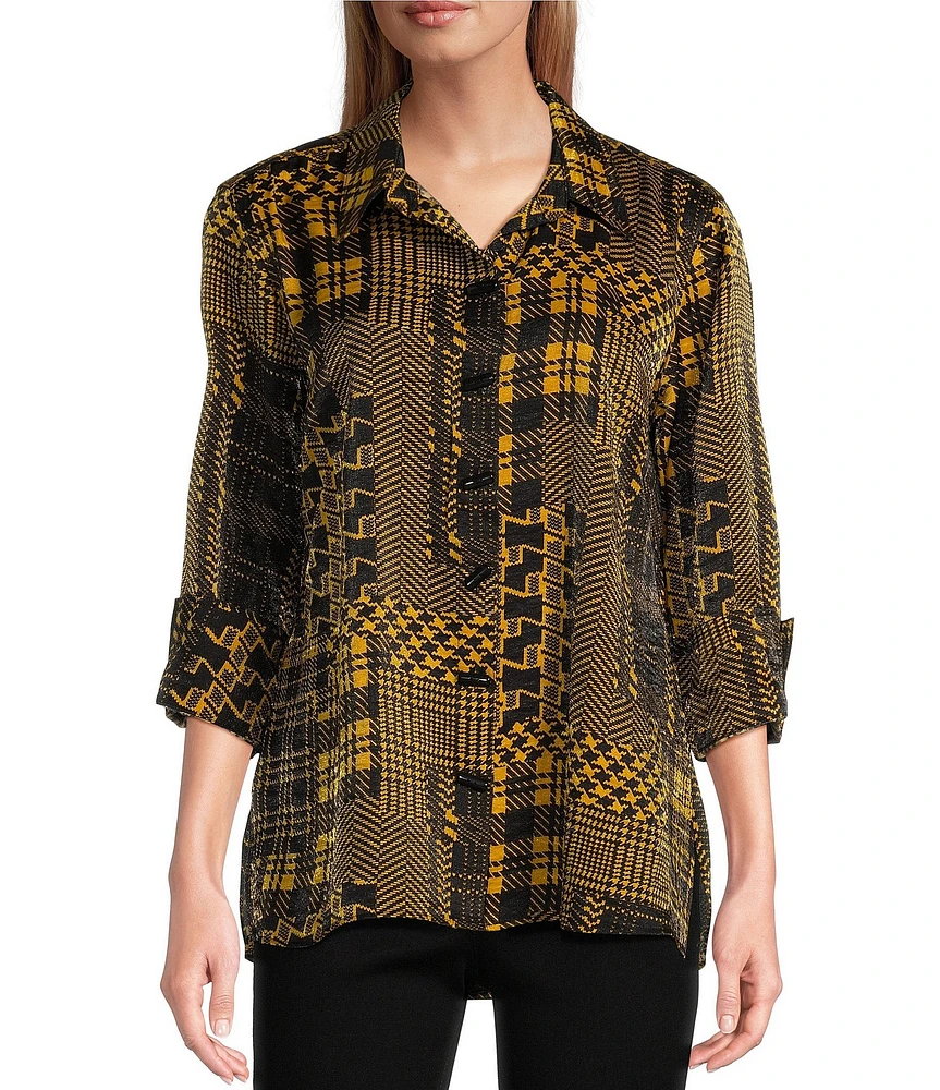 Multiples Petite Size Shimmer Woven Printed Point Collar 3/4 Turn Up Cuff Sleeve Hi-Low Hem Button-Front Shirt