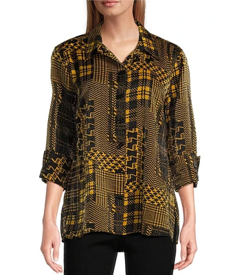 Multiples Petite Size Shimmer Woven Printed Point Collar 3/4 Turn Up Cuff Sleeve Hi-Low Hem Button-Front Shirt