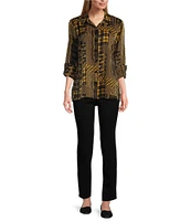 Multiples Petite Size Shimmer Woven Printed Point Collar 3/4 Turn Up Cuff Sleeve Hi-Low Hem Button-Front Shirt