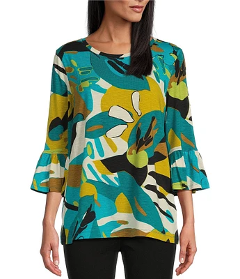 Multiples Petite Size Slub Knit Abstract Leaf Print Scoop Neck 3/4 Ruffle Sleeve Top