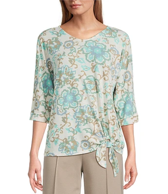 Multiples Petite Size Slub Knit Batik Multi V-Neck 3/4 Dolman Sleeve Top