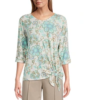 Multiples Petite Size Slub Knit Batik Multi V-Neck 3/4 Dolman Sleeve Top