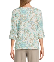 Multiples Petite Size Slub Knit Batik Multi V-Neck 3/4 Dolman Sleeve Top