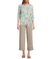 Multiples Petite Size Slub Knit Batik Multi V-Neck 3/4 Dolman Sleeve Top