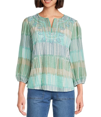 Multiples Petite Size Slub Knit Embroidered Printed Split V-Neck 3/4 Sleeve Top